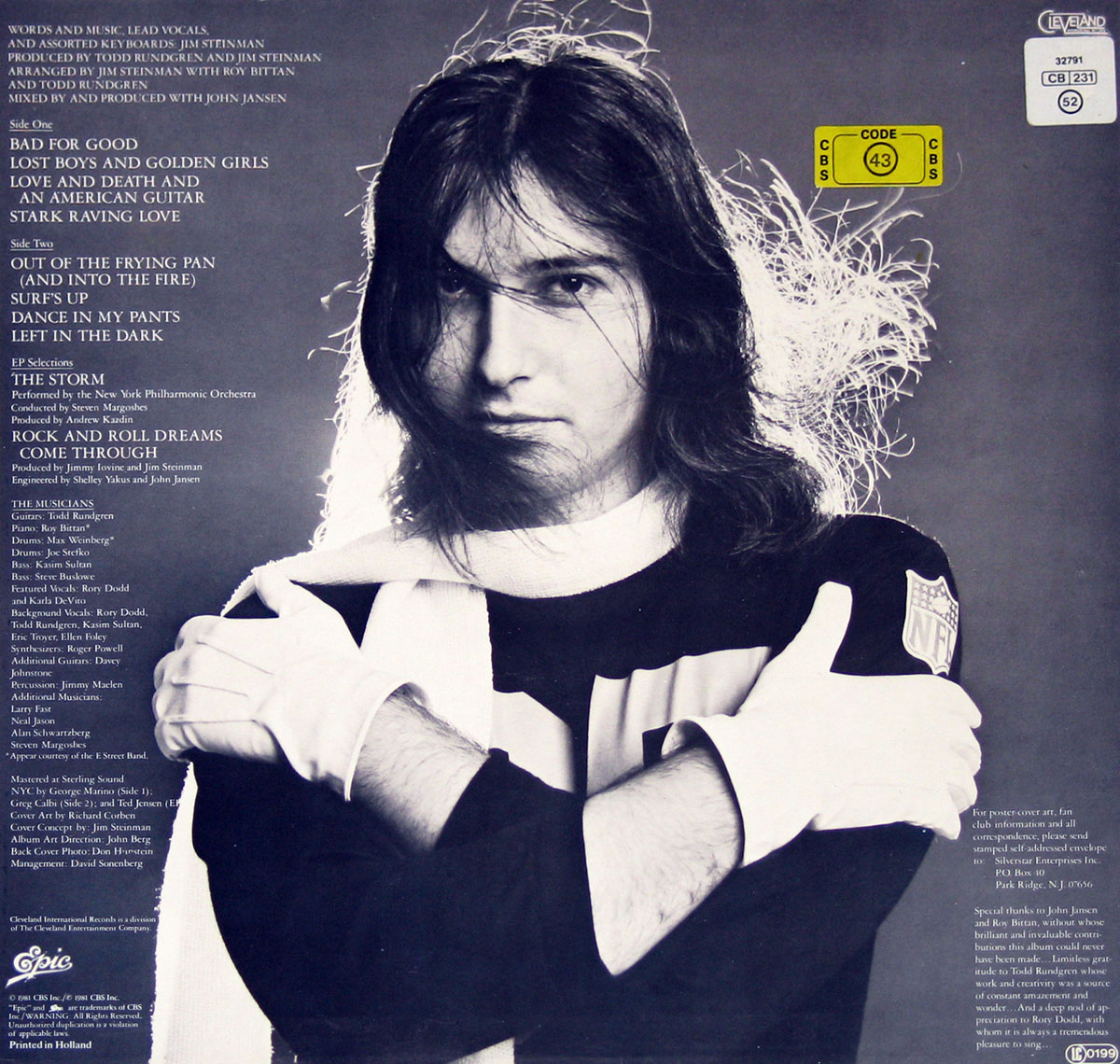 Back cover of Jim Steinman's Bad for Good album showing a black and white portrait of Steinman with long hair and crossed arms, surrounded by song titles and credits